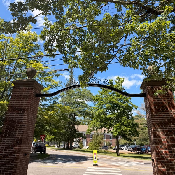 Brick pillars with a wrought iron arch frame a street scene with trees and a building.