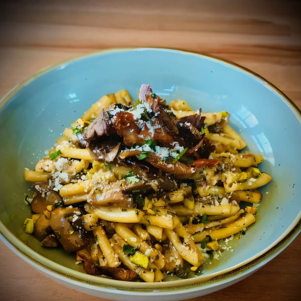 Pomelia's Italian pasta dish with mushrooms, grated cheese, and herbs in a blue bowl.