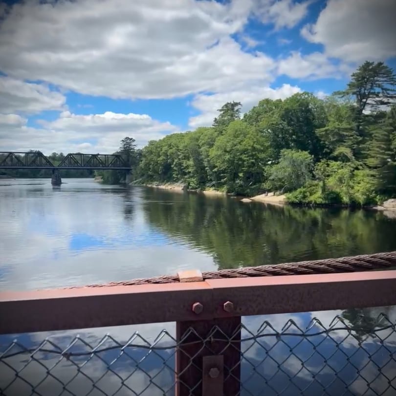 A river with a bridge in the distance, surrounded by lush green trees under a cloudy sky.