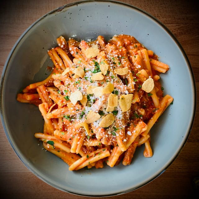 Tray of Pasta alla Vodka Siciliana.